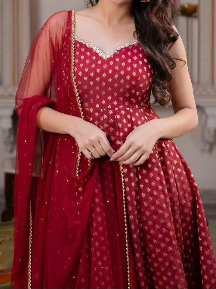 Wedding Wear Chanderi Jacquard Butti With Fancy Lace Anarkali Suit