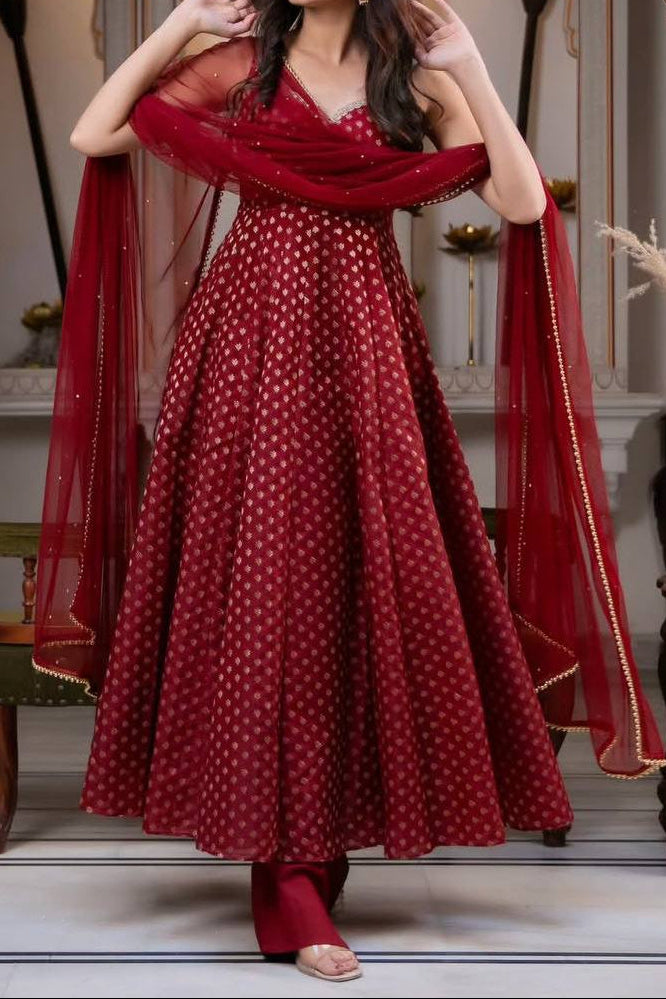 Wedding Wear Chanderi Jacquard Butti With Fancy Lace Anarkali Suit