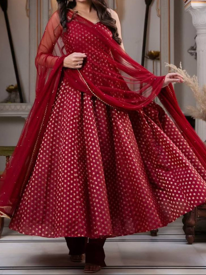 Wedding Wear Chanderi Jacquard Butti With Fancy Lace Anarkali Suit