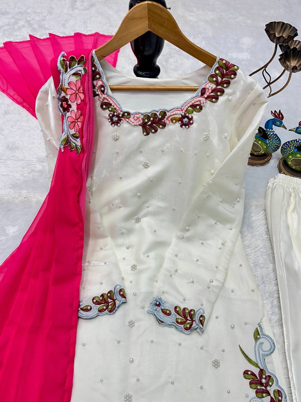 Elegant Ivory Sharara Suit Set With Vibrant Floral Embroidery & Moti Work