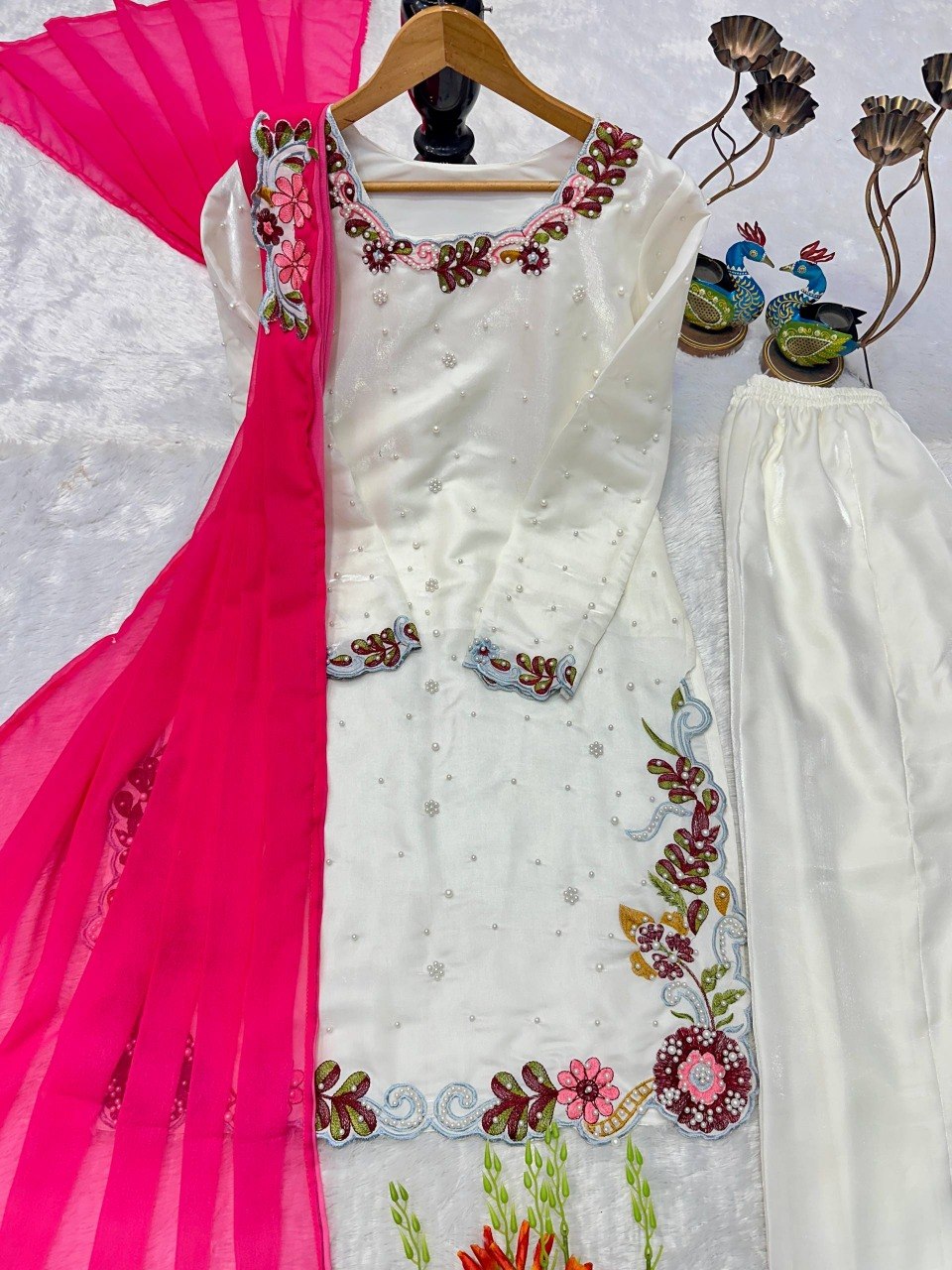 Elegant Ivory Sharara Suit Set With Vibrant Floral Embroidery & Moti Work