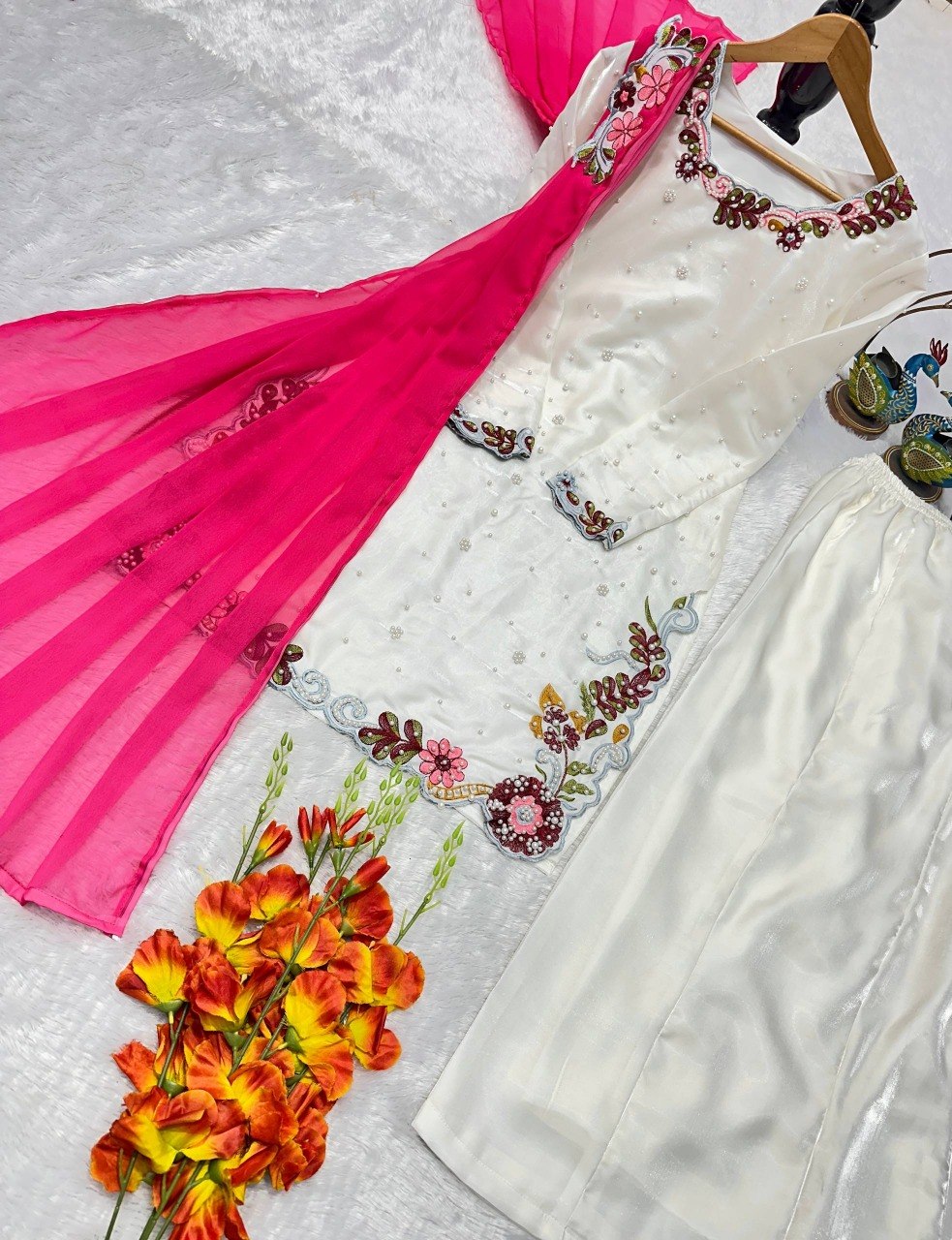 Elegant Ivory Sharara Suit Set With Vibrant Floral Embroidery & Moti Work