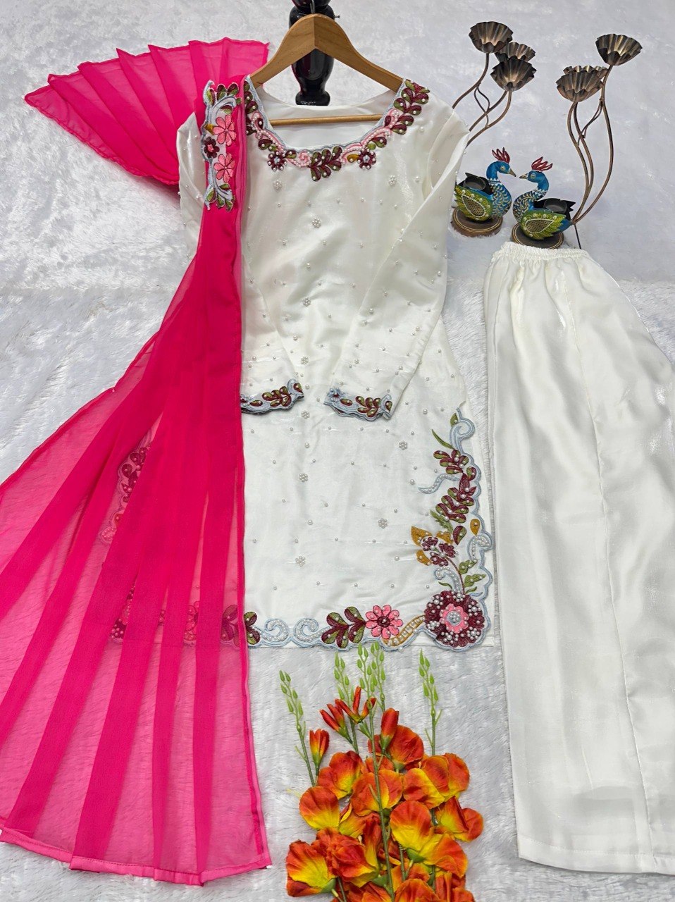 Elegant Ivory Sharara Suit Set With Vibrant Floral Embroidery & Moti Work