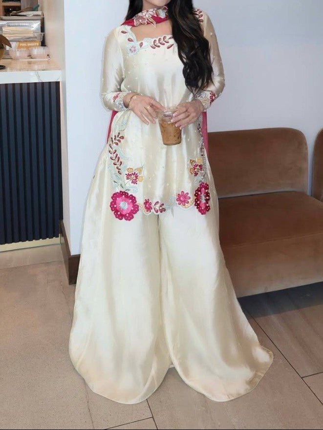 Elegant Ivory Sharara Suit Set With Vibrant Floral Embroidery & Moti Work