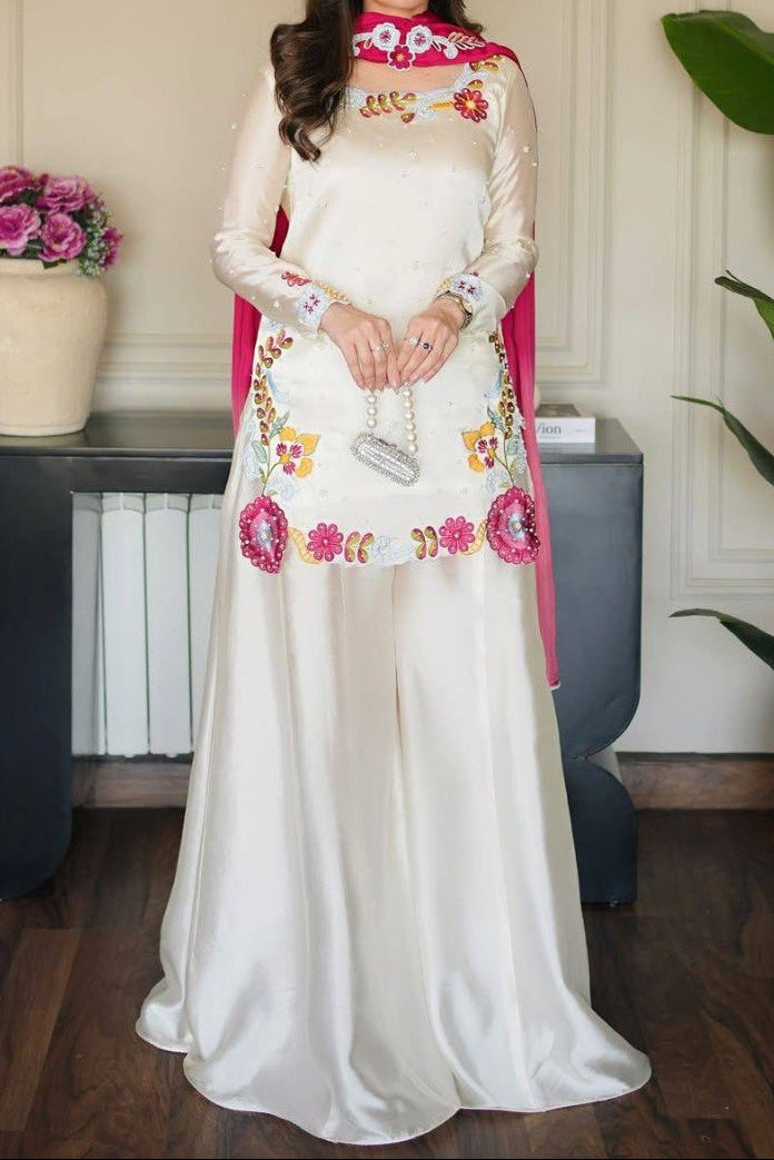 Elegant Ivory Sharara Suit Set With Vibrant Floral Embroidery & Moti Work