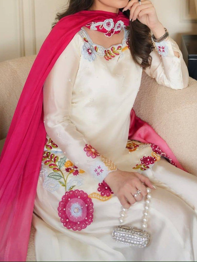 Elegant Ivory Sharara Suit Set With Vibrant Floral Embroidery & Moti Work