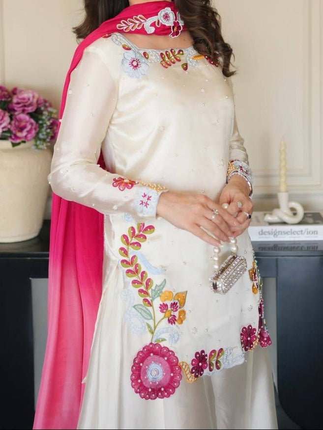 Elegant Ivory Sharara Suit Set With Vibrant Floral Embroidery & Moti Work