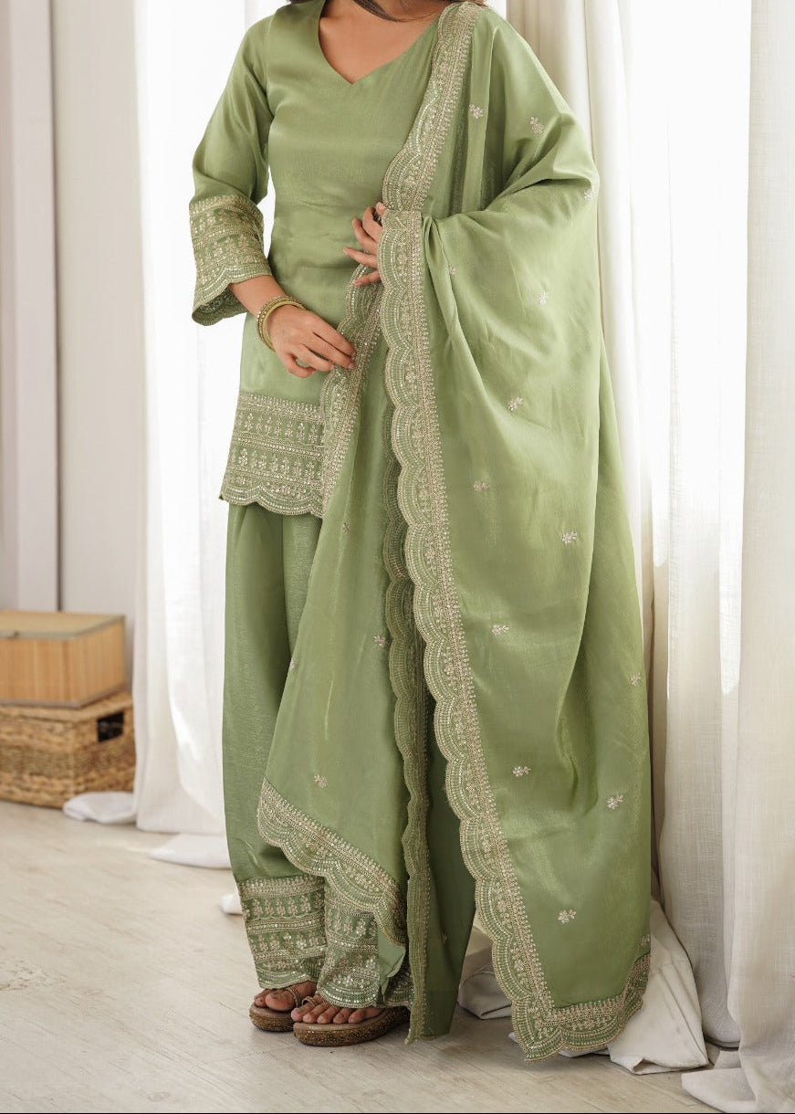 Elegant Pista Color Salwar Suit With Beautiful Look & Embroidery Sequins Work