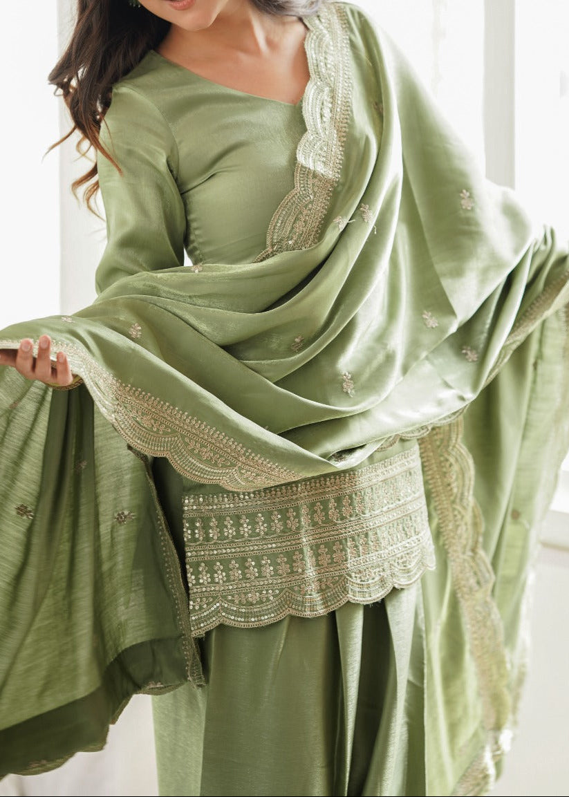 Elegant Pista Color Salwar Suit With Beautiful Look & Embroidery Sequins Work