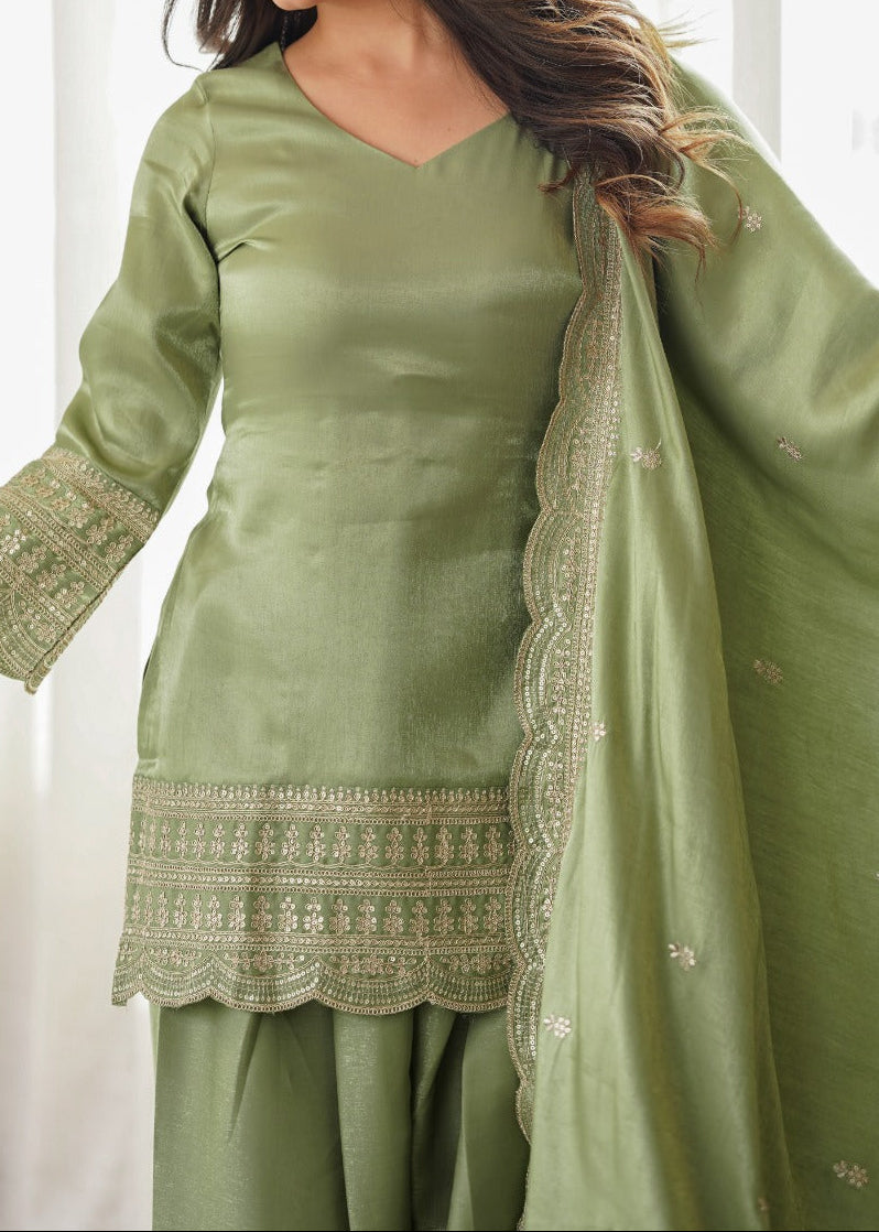 Elegant Pista Color Salwar Suit With Beautiful Look & Embroidery Sequins Work