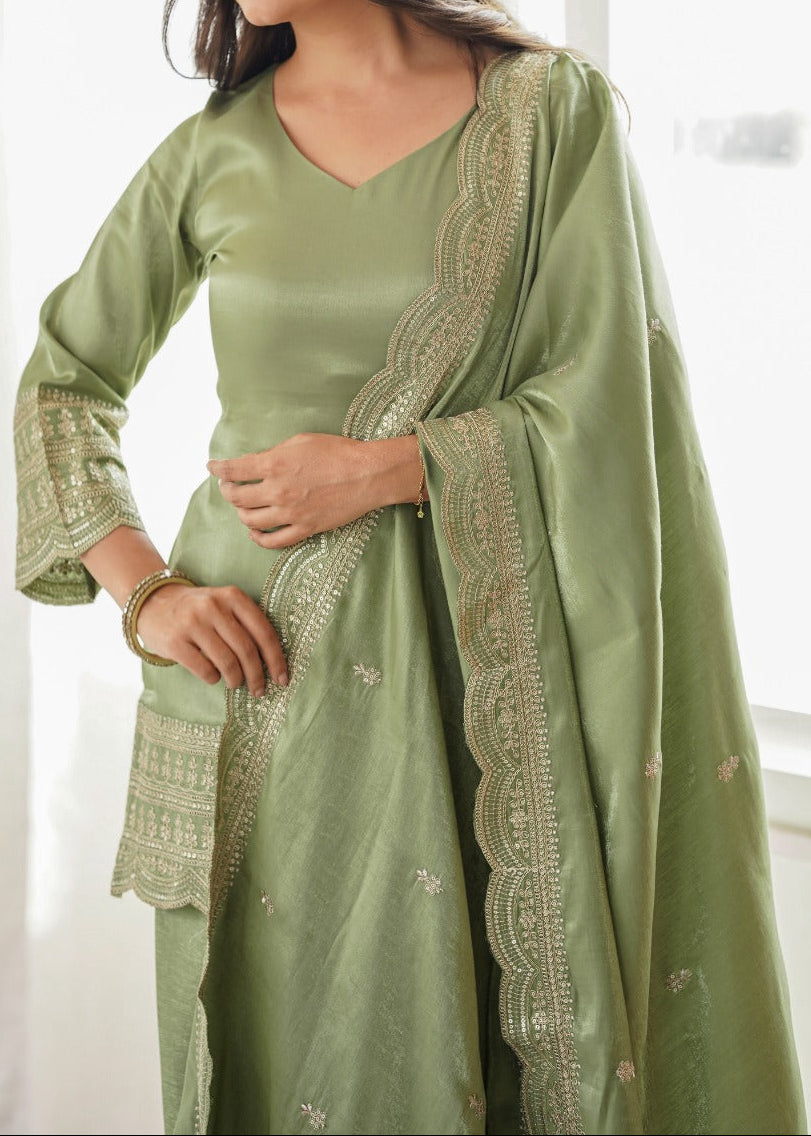 Elegant Pista Color Salwar Suit With Beautiful Look & Embroidery Sequins Work