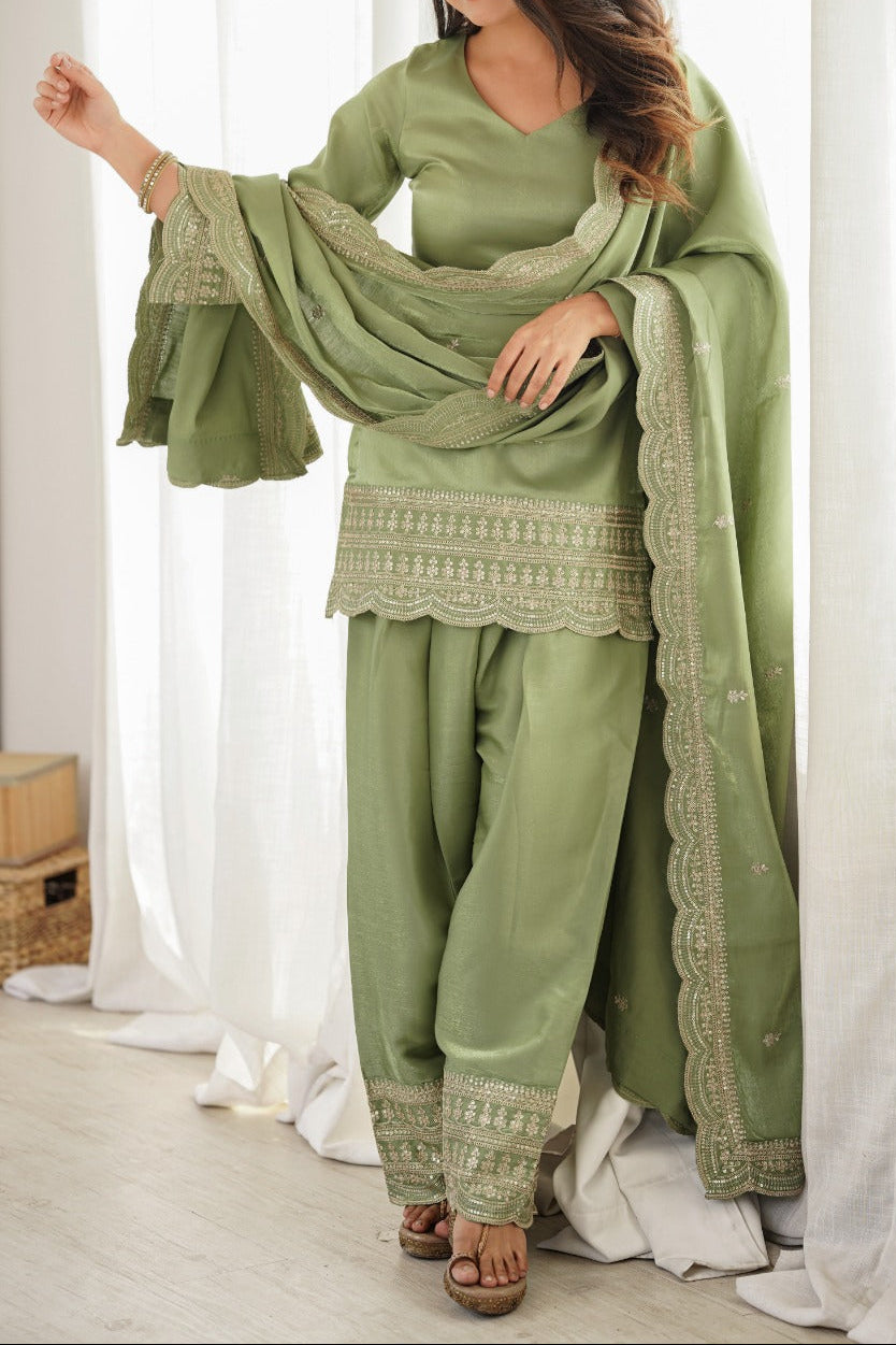 Elegant Pista Color Salwar Suit With Beautiful Look & Embroidery Sequins Work