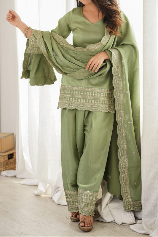 Elegant Pista Color Salwar Suit With Beautiful Look & Embroidery Sequins Work