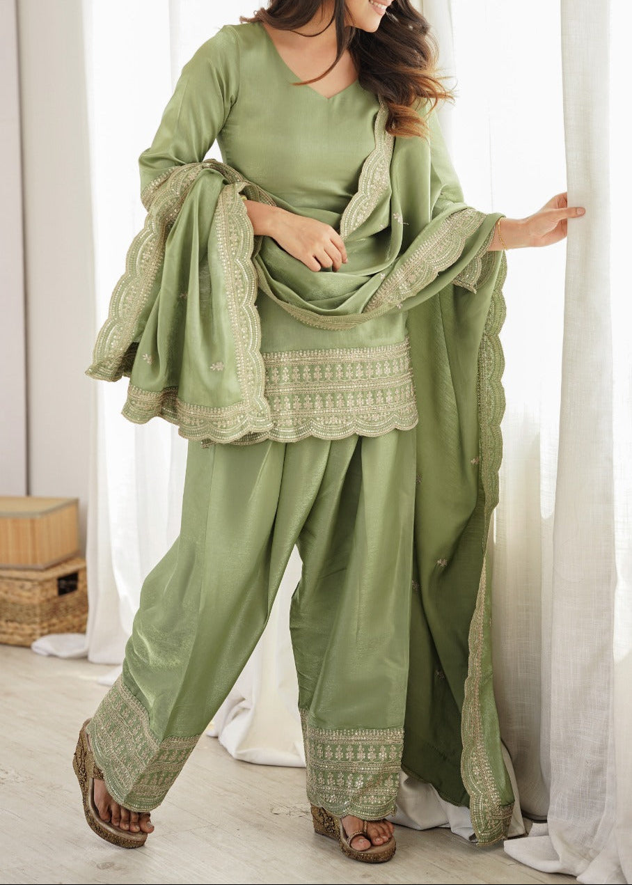 Elegant Pista Color Salwar Suit With Beautiful Look & Embroidery Sequins Work