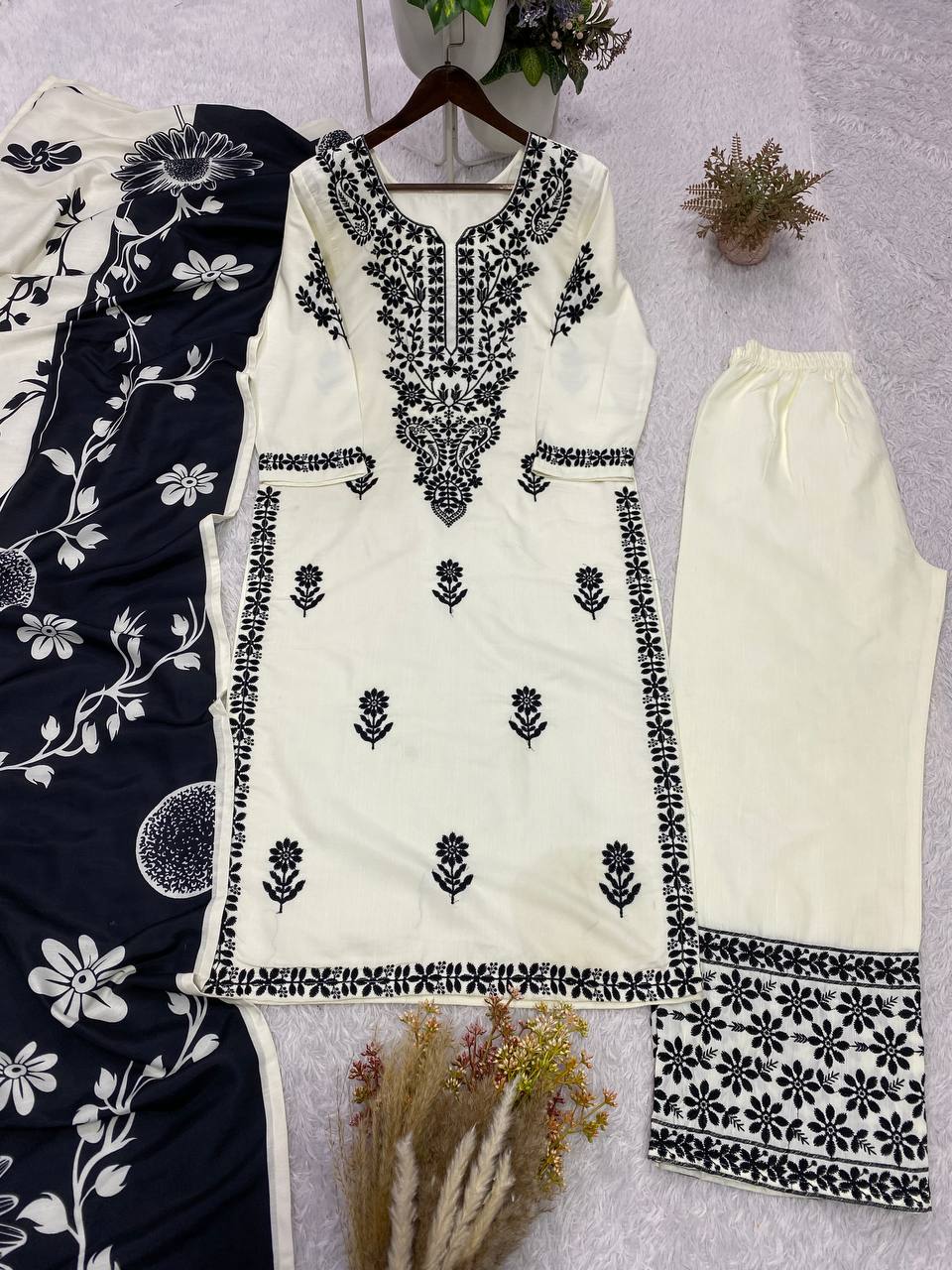 Rayon Embroidery Designer Top Plaazo Suit With Dupatta
