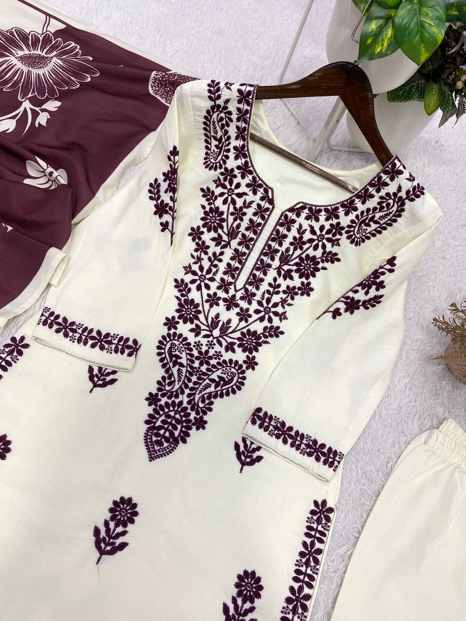 Rayon Embroidery Designer Top Plaazo Suit With Dupatta