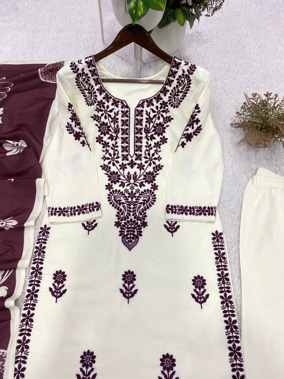 Rayon Embroidery Designer Top Plaazo Suit With Dupatta