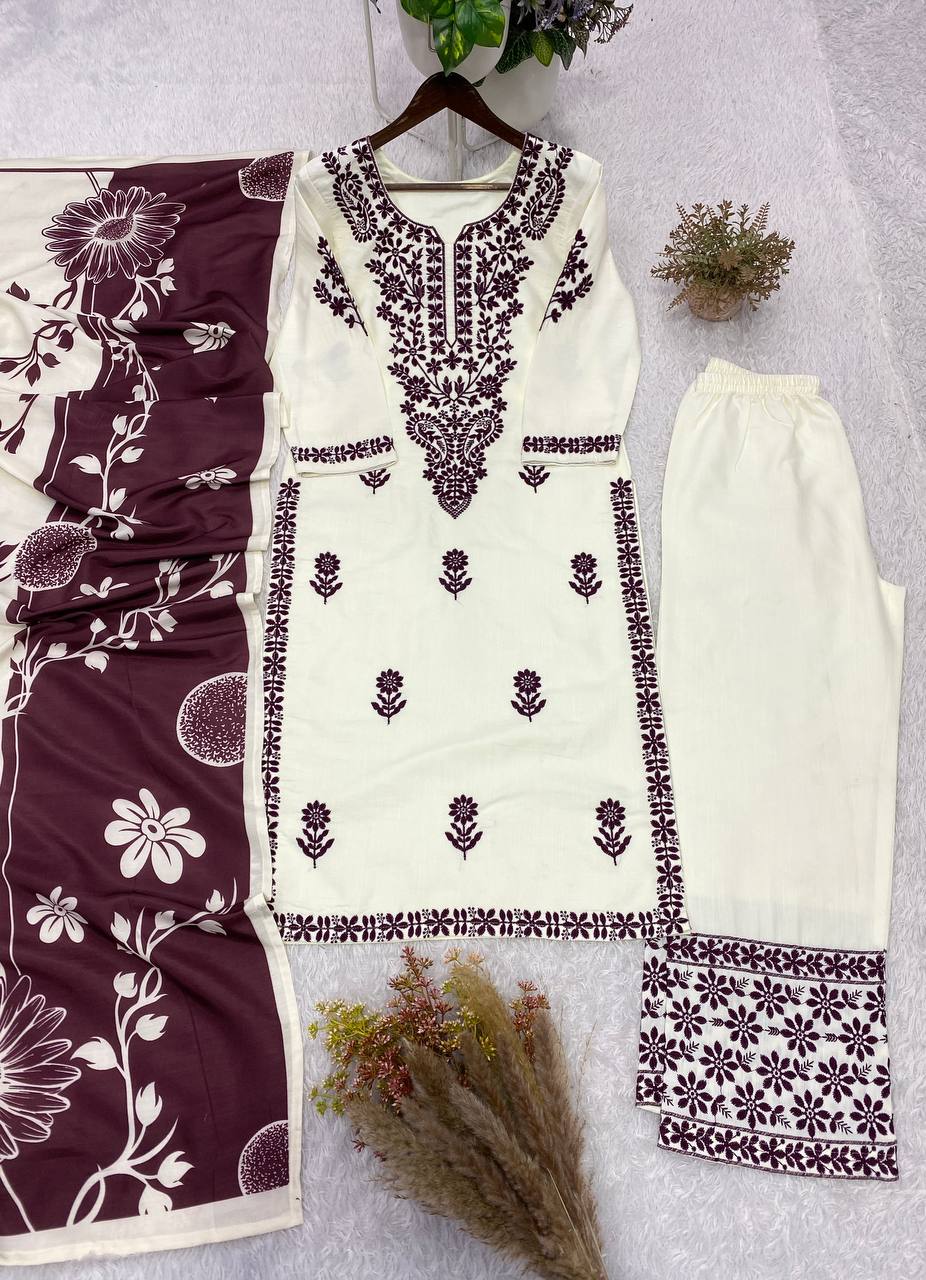 Rayon Embroidery Designer Top Plaazo Suit With Dupatta