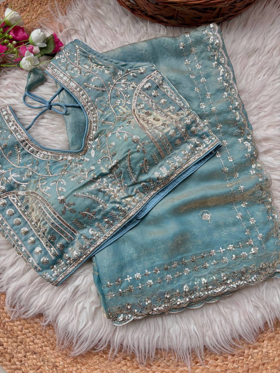 Beautiful Sequence work Soft Fandy Silk along with Full Stitched Blouse