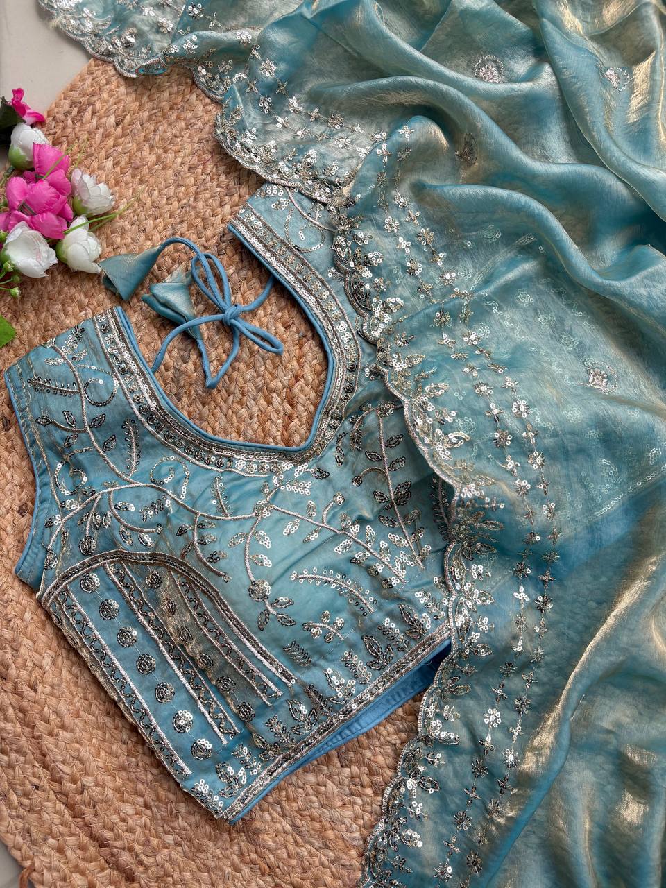 Beautiful Sequence work Soft Fandy Silk along with Full Stitched Blouse