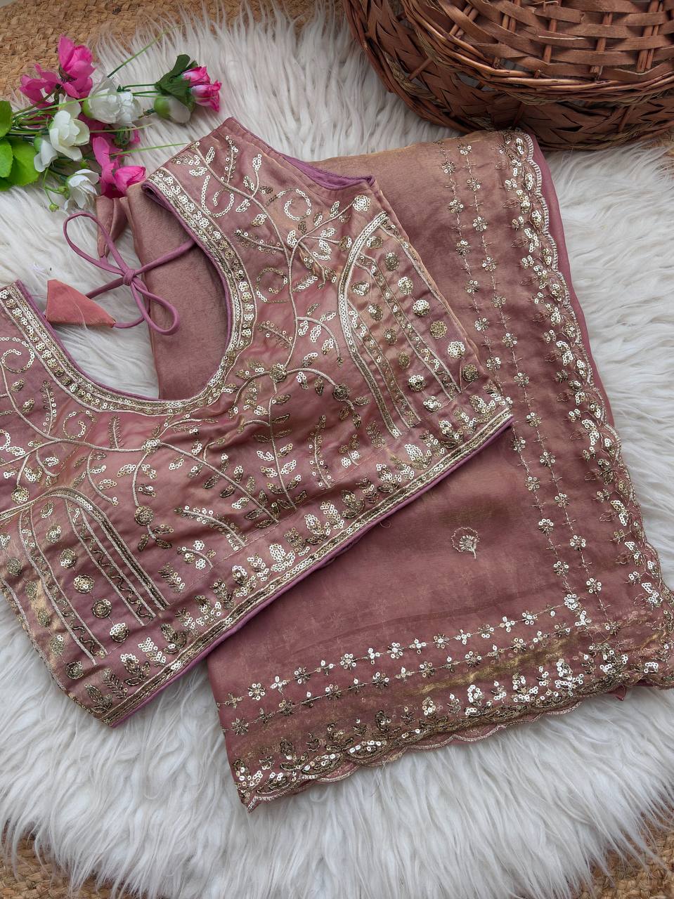 Beautiful Sequence work Soft Fandy Silk along with Full Stitched Blouse