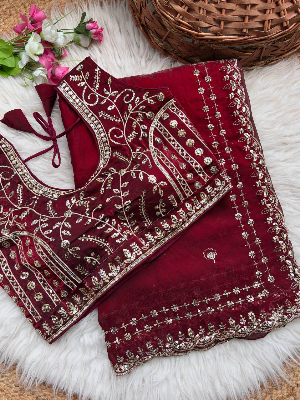 Beautiful Sequence work Soft Fandy Silk along with Full Stitched Blouse