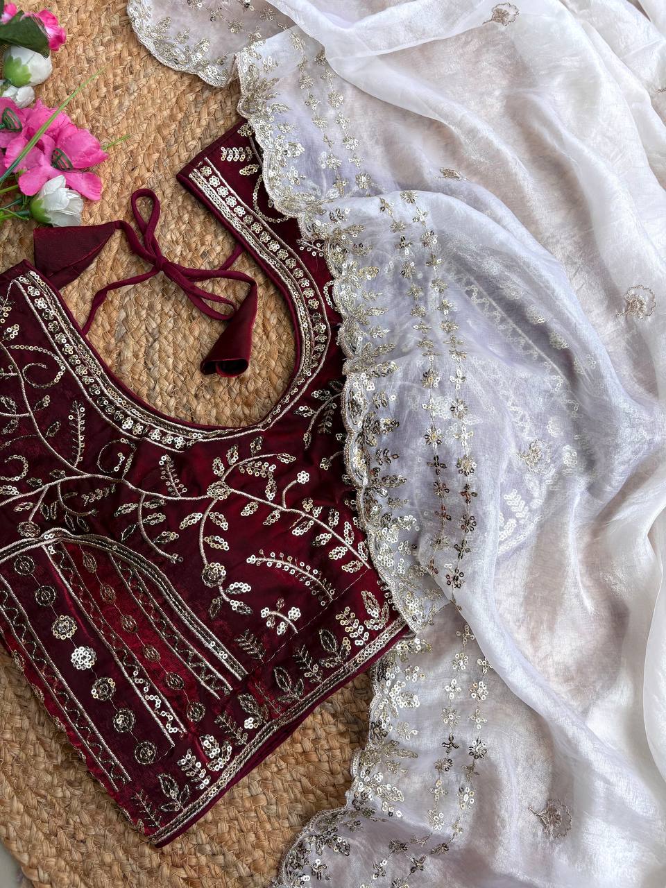 Beautiful Sequence work Soft Fandy Silk along with Full Stitched Blouse