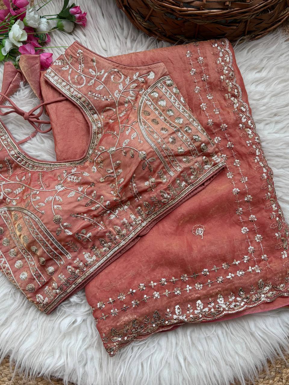 Beautiful Sequence work Soft Fandy Silk along with Full Stitched Blouse