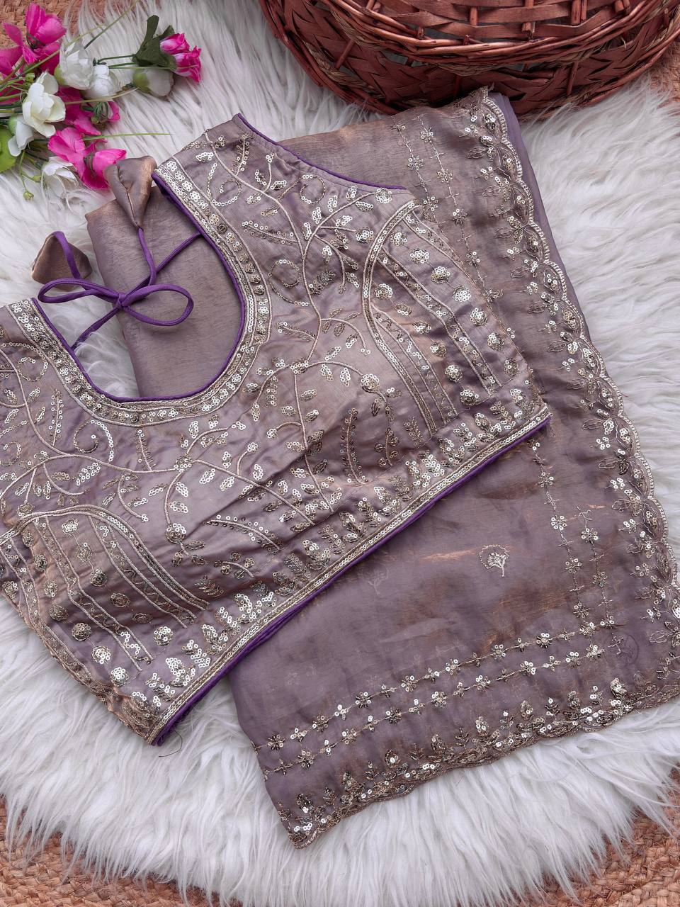 Beautiful Sequence work Soft Fandy Silk along with Full Stitched Blouse