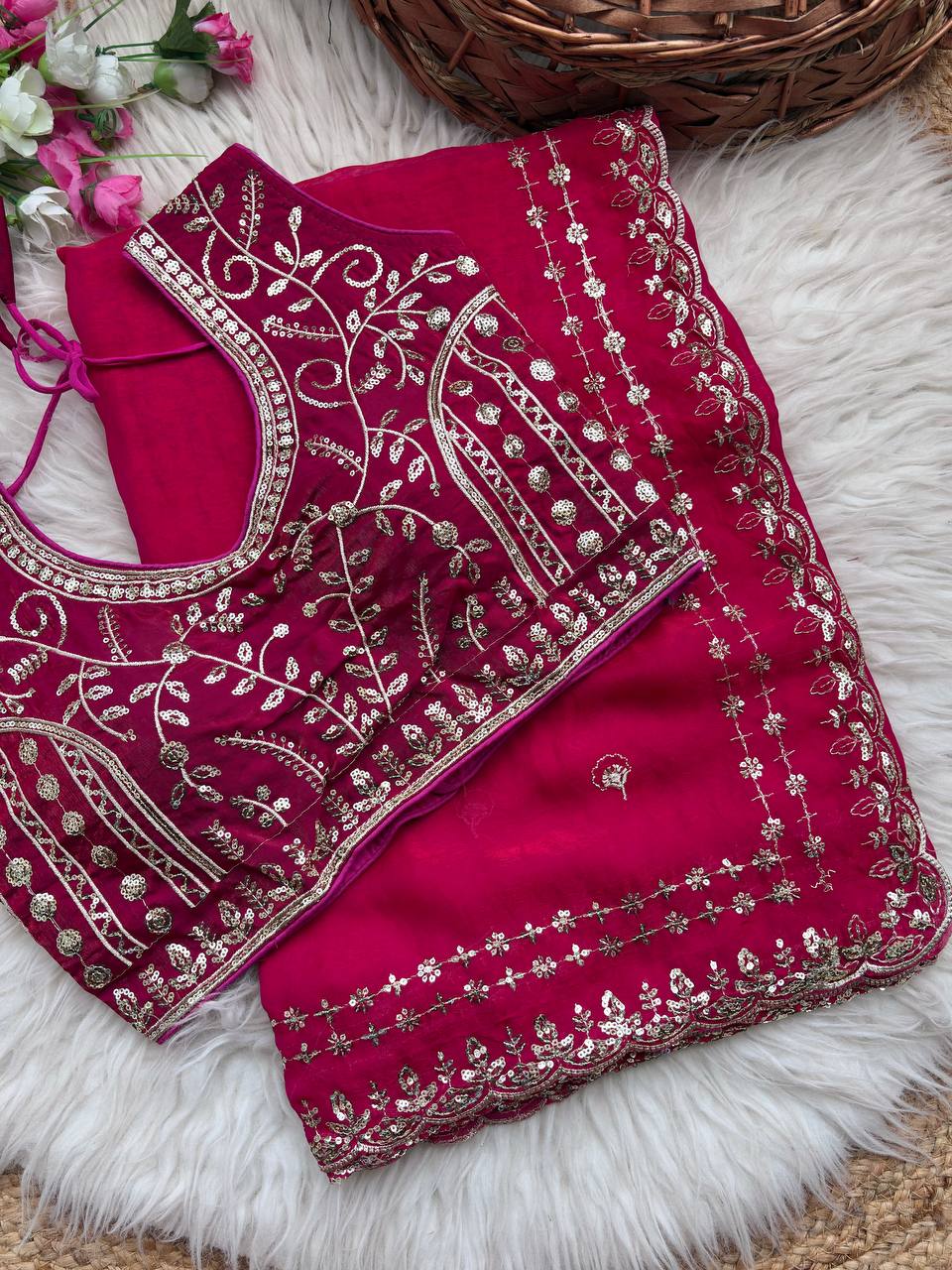 Beautiful Sequence work Soft Fandy Silk along with Full Stitched Blouse