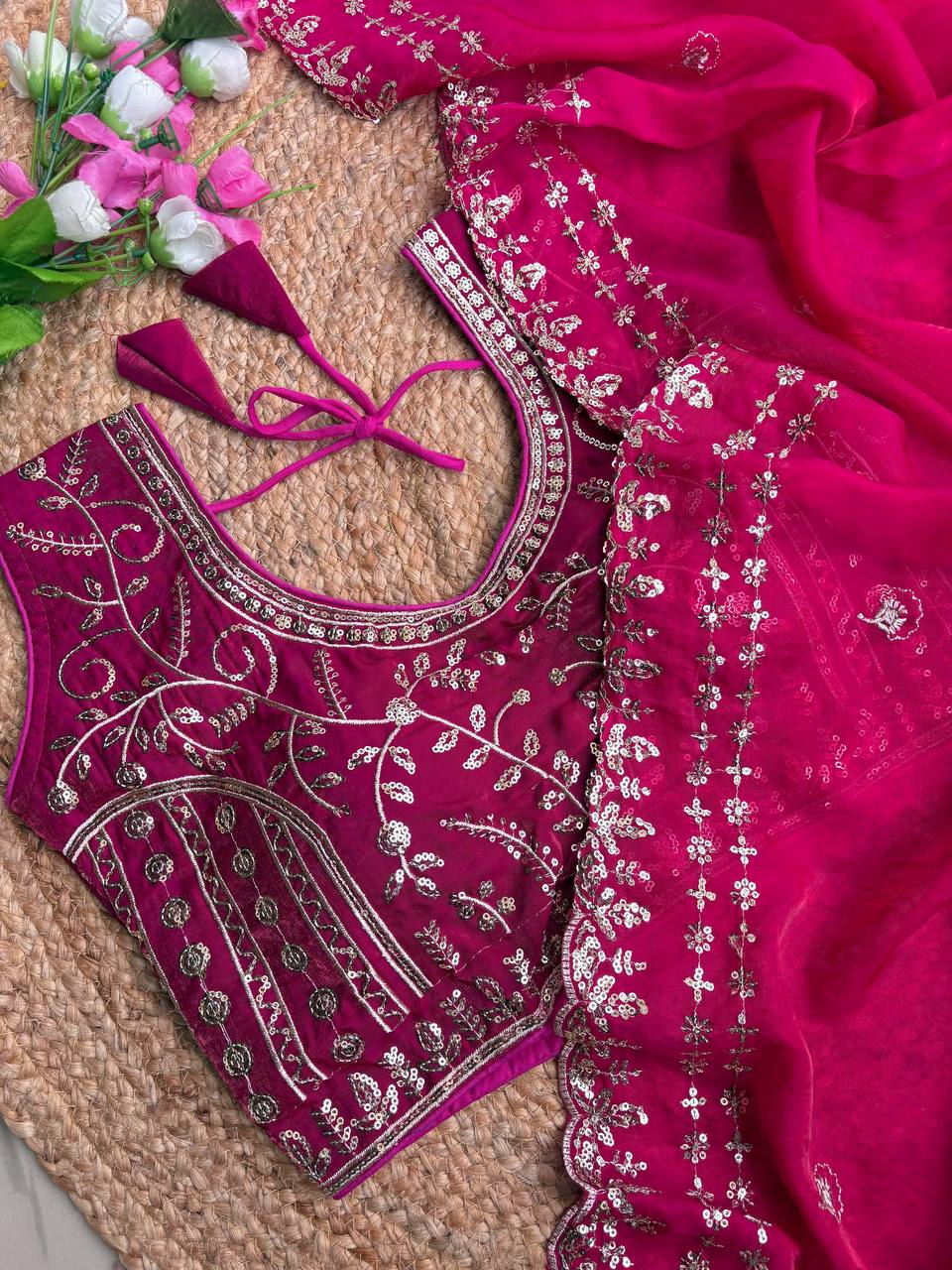 Beautiful Sequence work Soft Fandy Silk along with Full Stitched Blouse