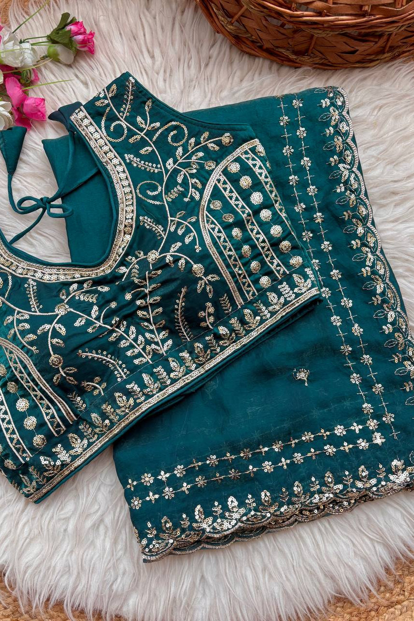 Beautiful Sequence work Soft Fandy Silk along with Full Stitched Blouse