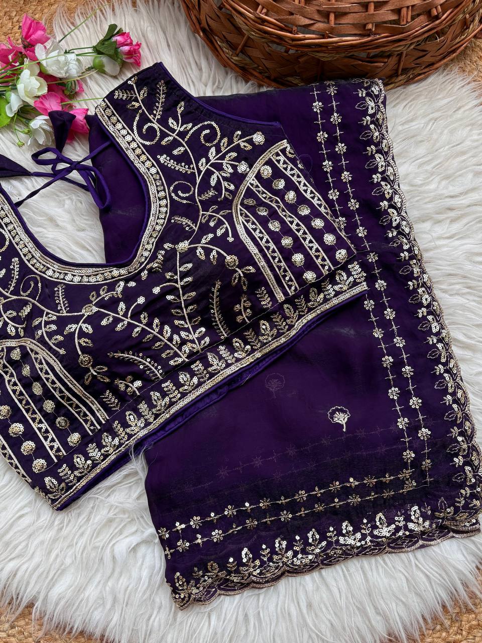 Beautiful Sequence work Soft Fandy Silk along with Full Stitched Blouse
