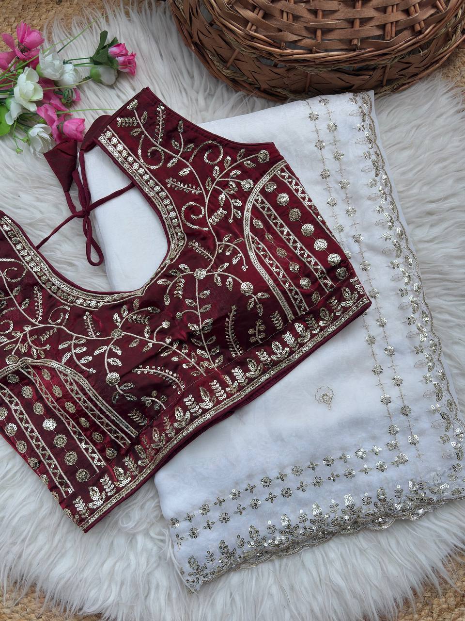 Beautiful Sequence work Soft Fandy Silk along with Full Stitched Blouse
