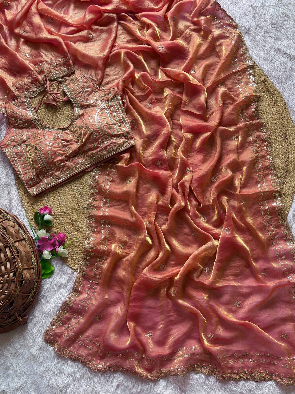 Beautiful Sequence work Soft Fandy Silk along with Full Stitched Blouse
