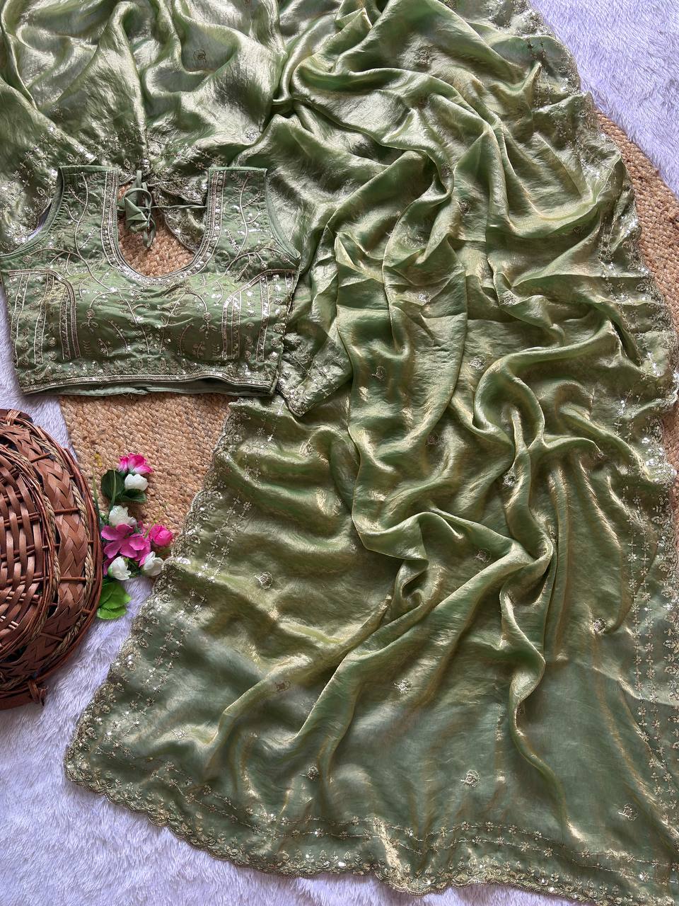 Beautiful Sequence work Soft Fandy Silk along with Full Stitched Blouse
