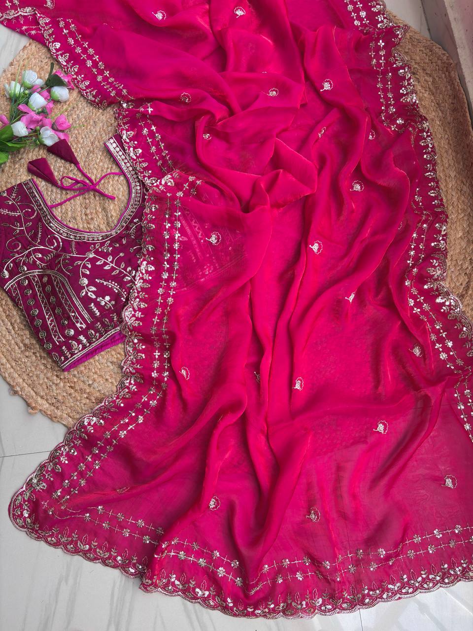 Beautiful Sequence work Soft Fandy Silk along with Full Stitched Blouse