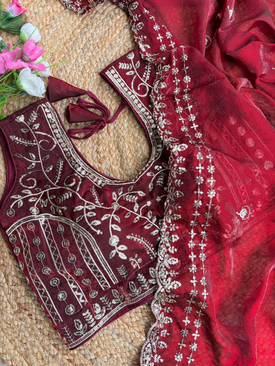 Beautiful Sequence work Soft Fandy Silk along with Full Stitched Blouse