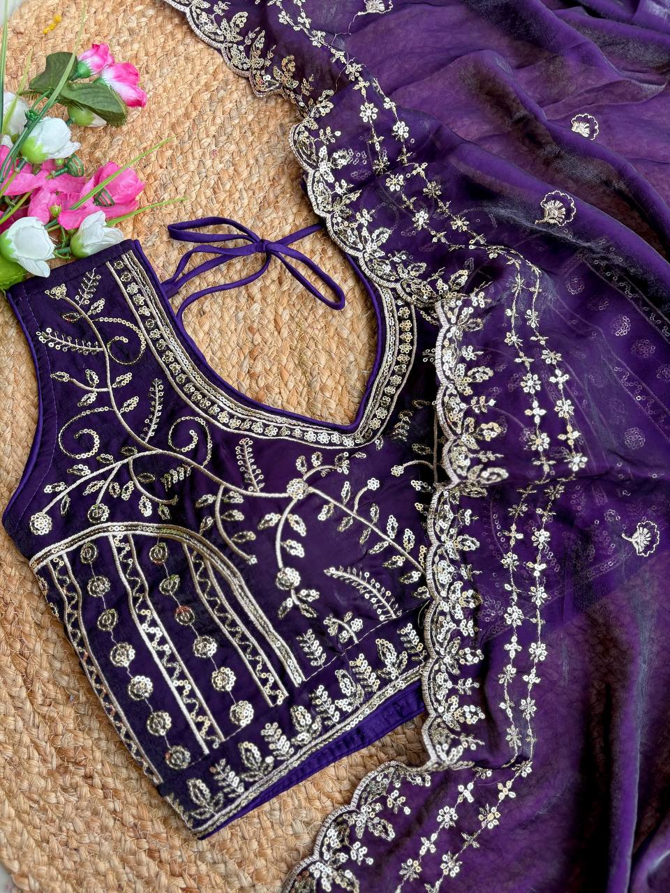 Beautiful Sequence work Soft Fandy Silk along with Full Stitched Blouse