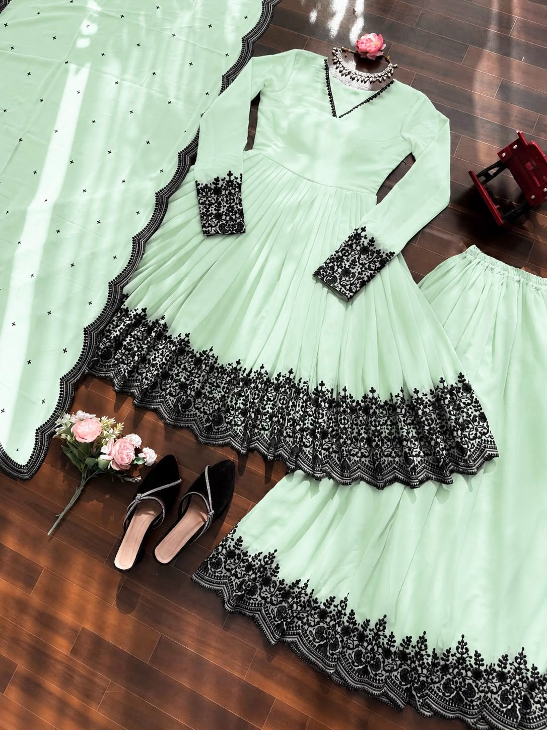 Premium Faux Georgette Embroidery Thread Detailing Sharara Set