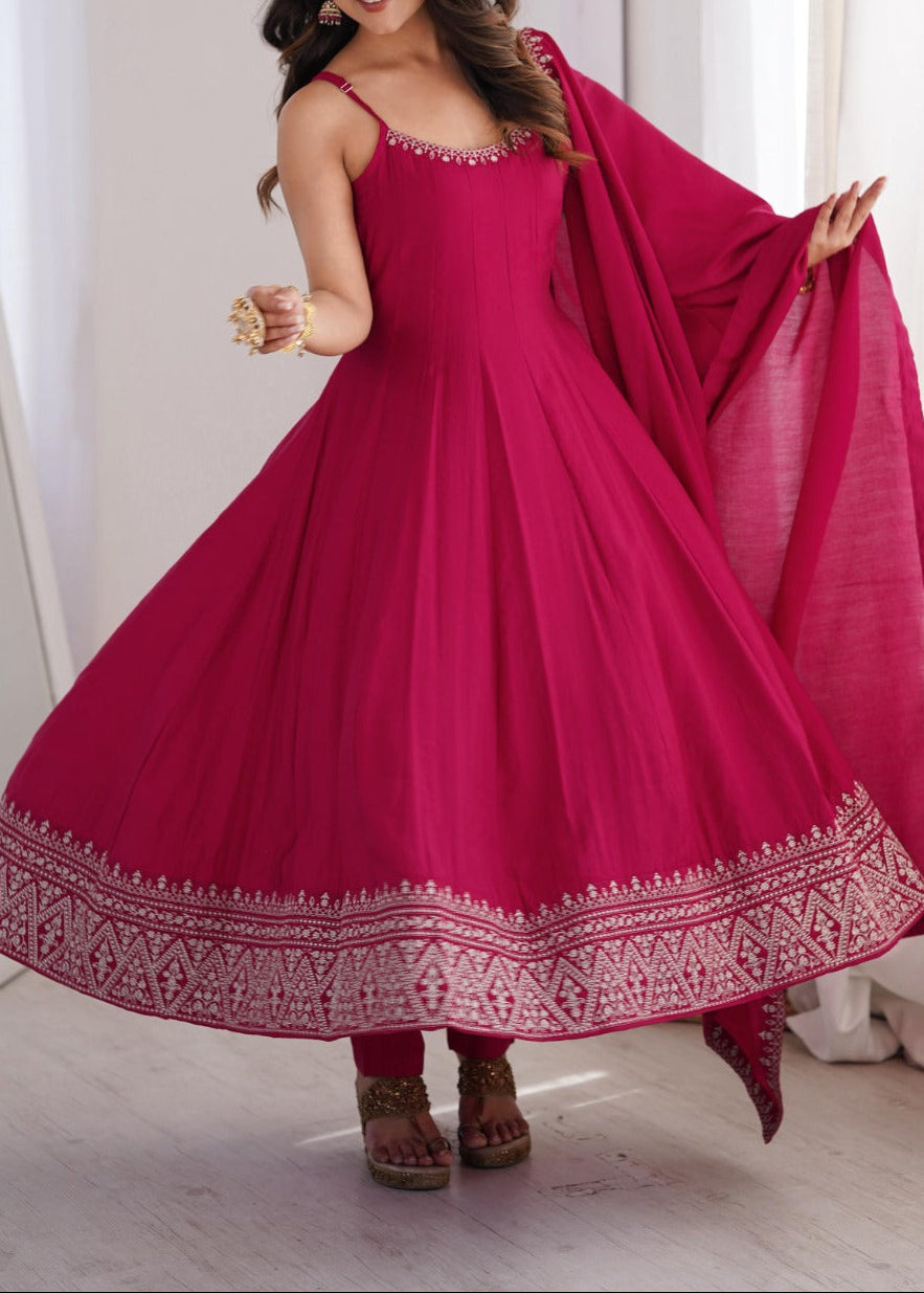 Yoke Style Roman Silk Chanderi Embroidery Thread Work Anarkali Suit