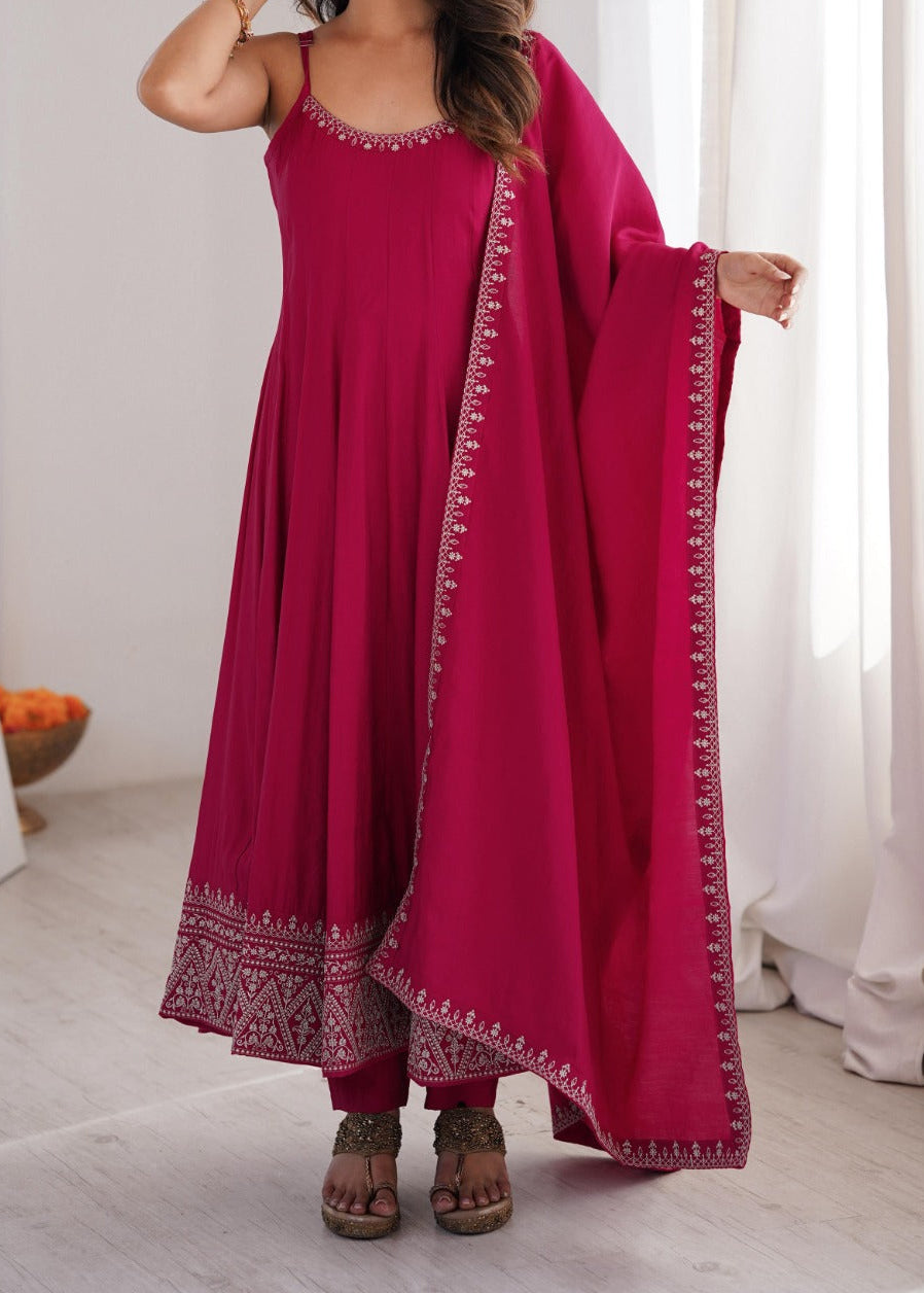 Yoke Style Roman Silk Chanderi Embroidery Thread Work Anarkali Suit
