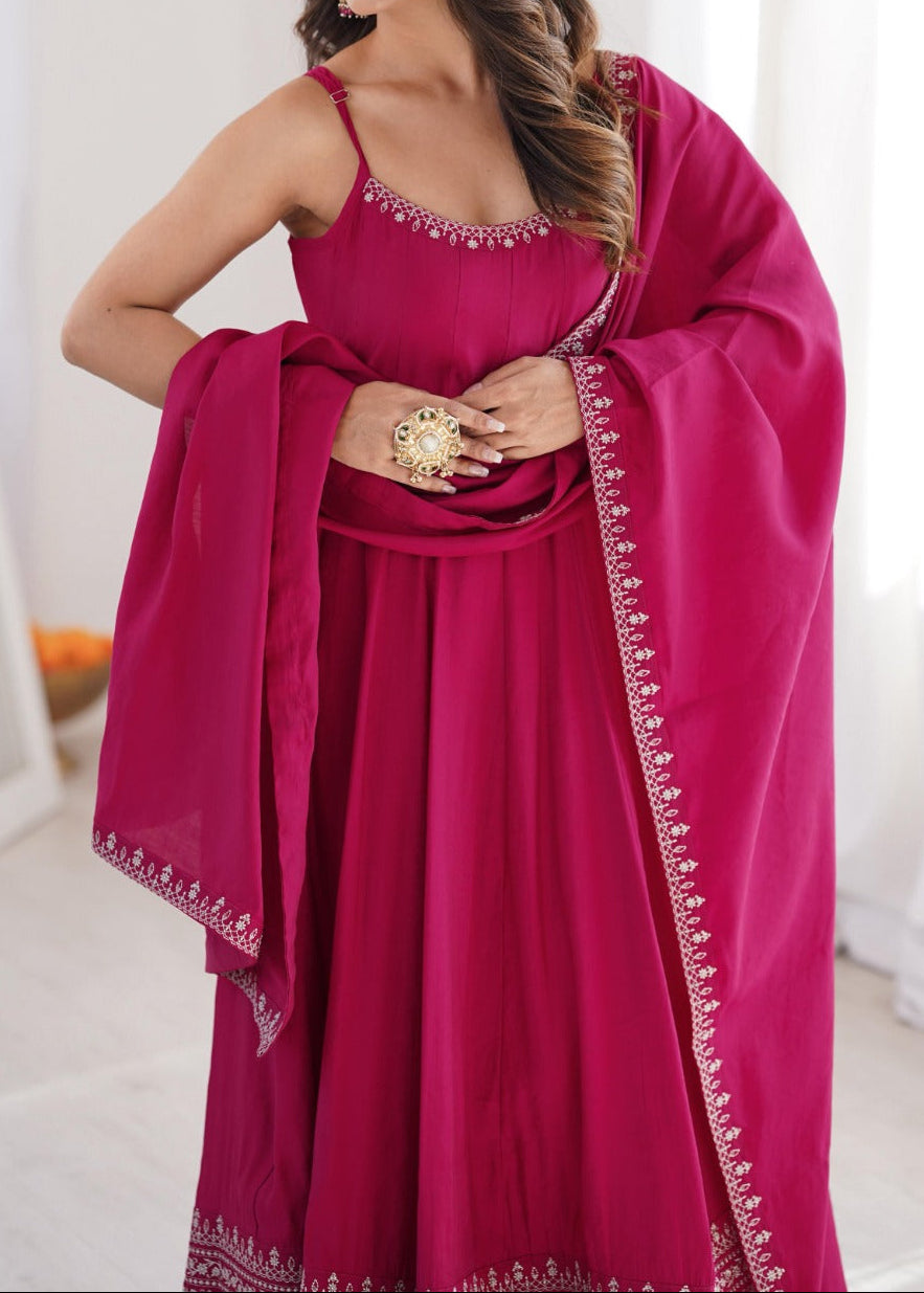Yoke Style Roman Silk Chanderi Embroidery Thread Work Anarkali Suit
