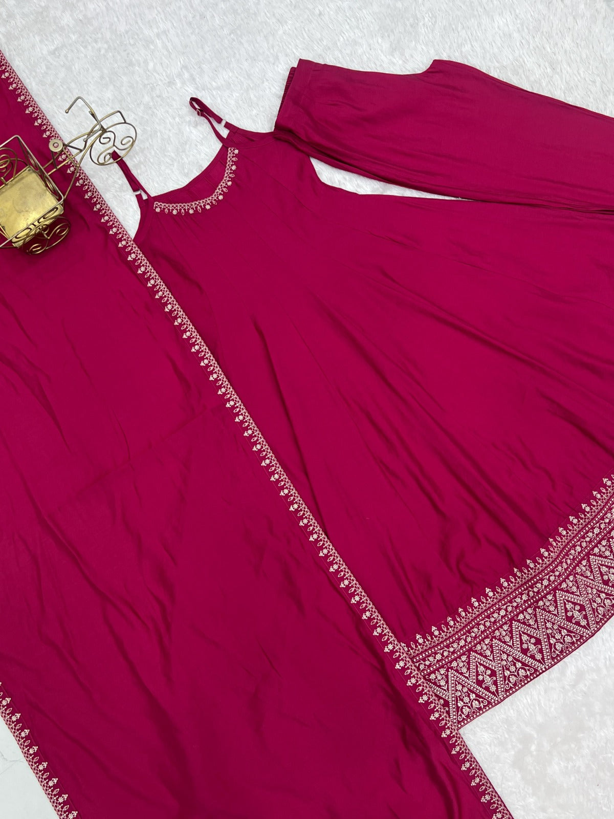 Yoke Style Roman Silk Chanderi Embroidery Thread Work Anarkali Suit