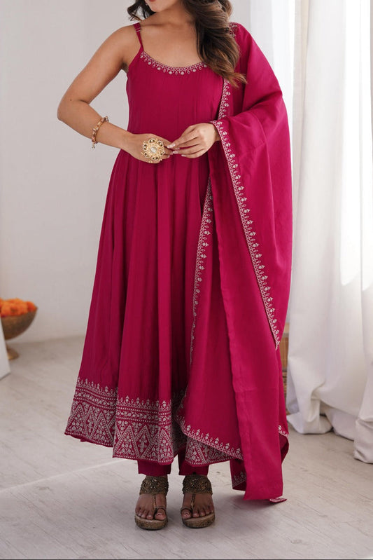 Yoke Style Roman Silk Chanderi Embroidery Thread Work Anarkali Suit