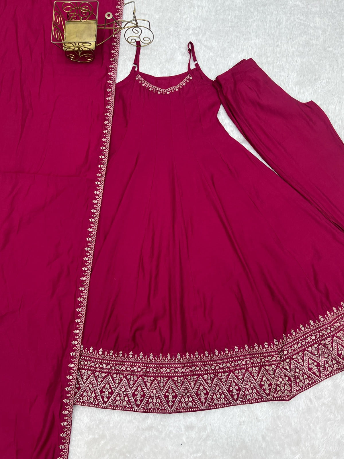 Yoke Style Roman Silk Chanderi Embroidery Thread Work Anarkali Suit