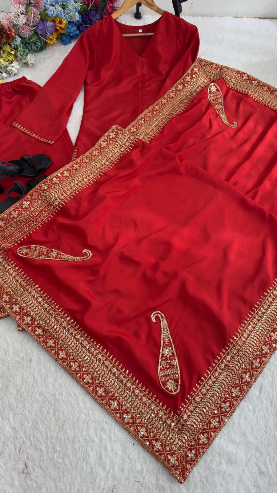 Designer Party Wear Top and Palazzo. With Fancy Duppata and Embroidery Sequences Work