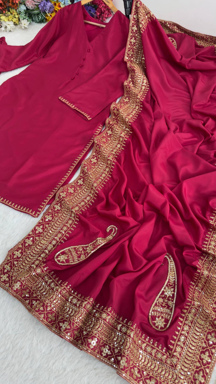 Designer Party Wear Top and Palazzo. With Fancy Duppata and Embroidery Sequences Work