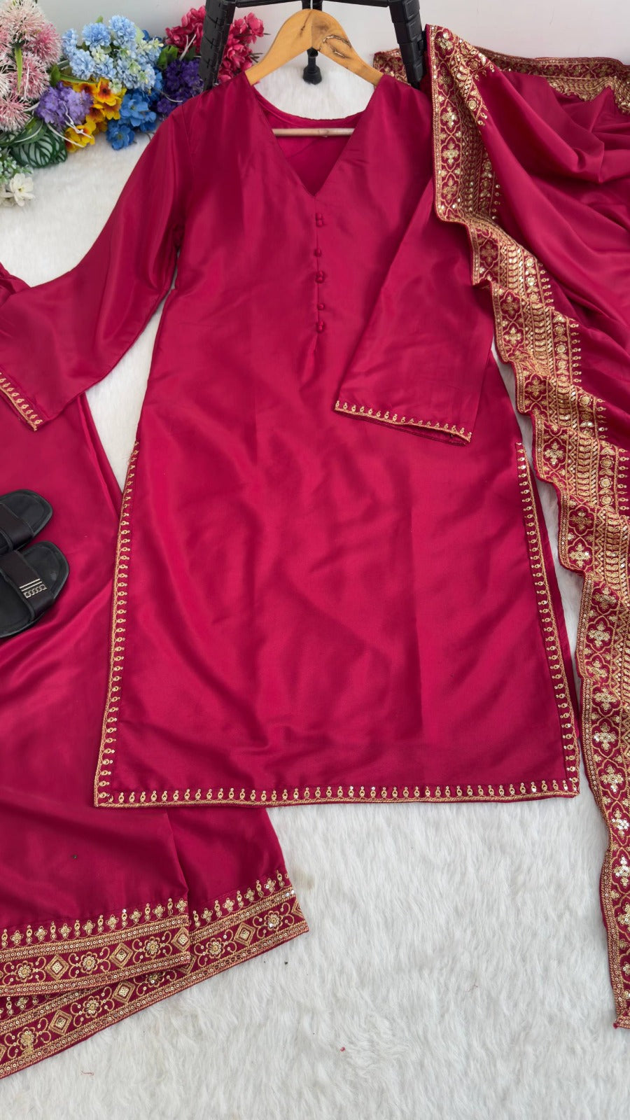 Designer Party Wear Top and Palazzo. With Fancy Duppata and Embroidery Sequences Work