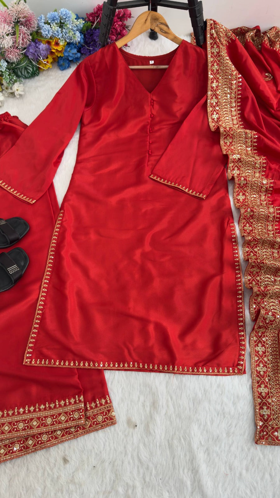 Designer Party Wear Top and Palazzo. With Fancy Duppata and Embroidery Sequences Work